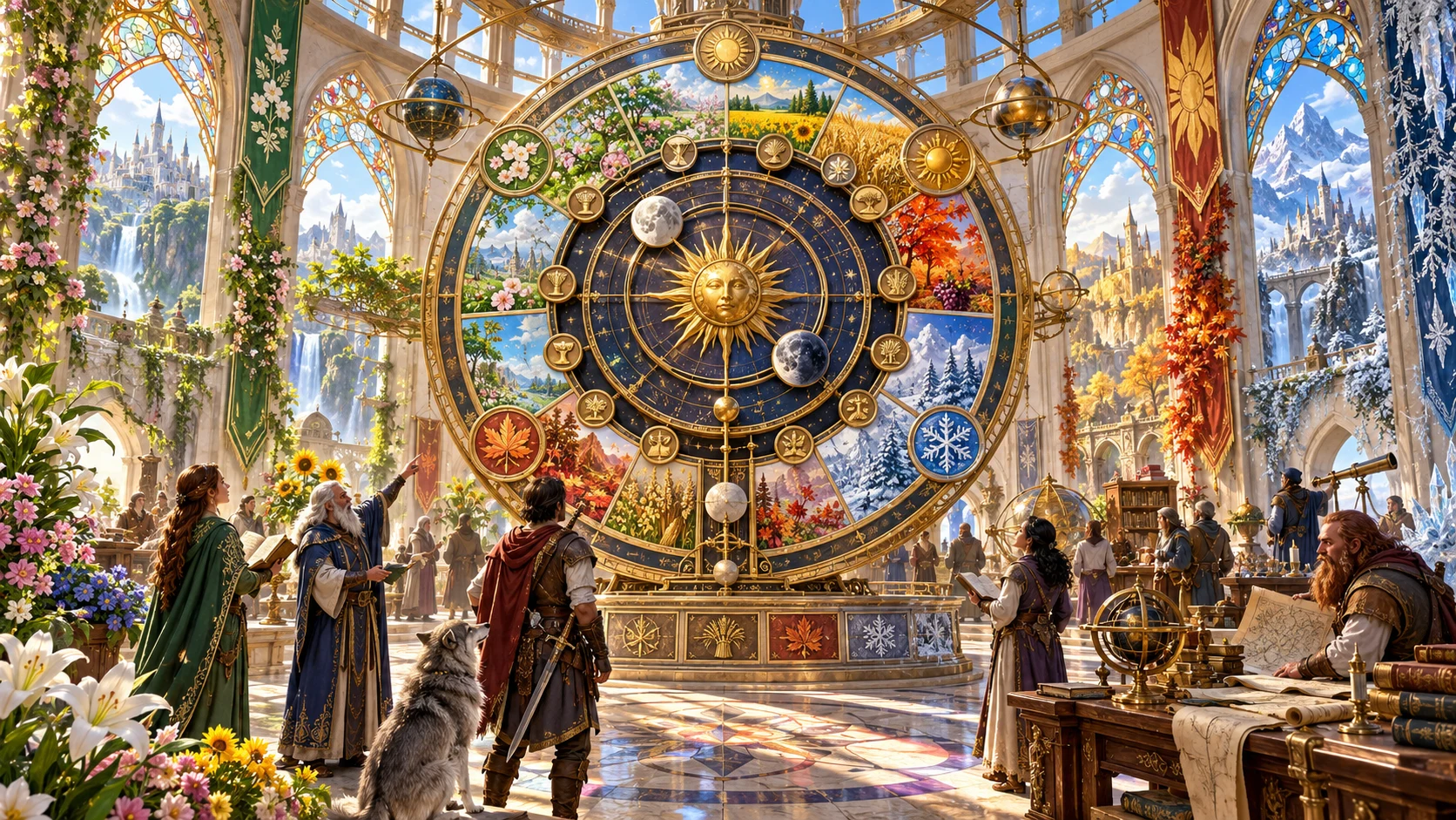 Fantasy illustration of a grand hall of calendars and astronomical instruments