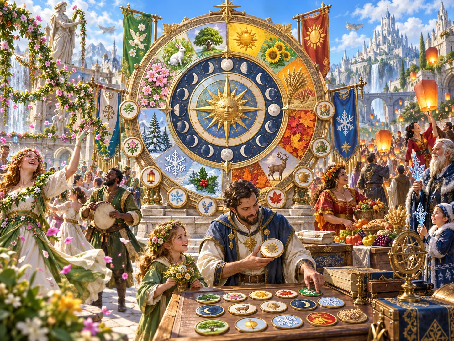 Fantasy illustration of a calendar festival in a lively city
