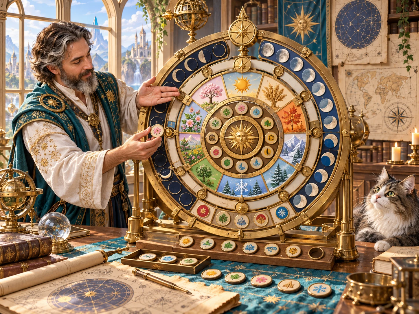 Fantasy illustration of a calendar instrument with seasons and lunar symbols